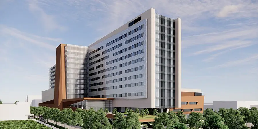Modern hospital building architectural rendering.